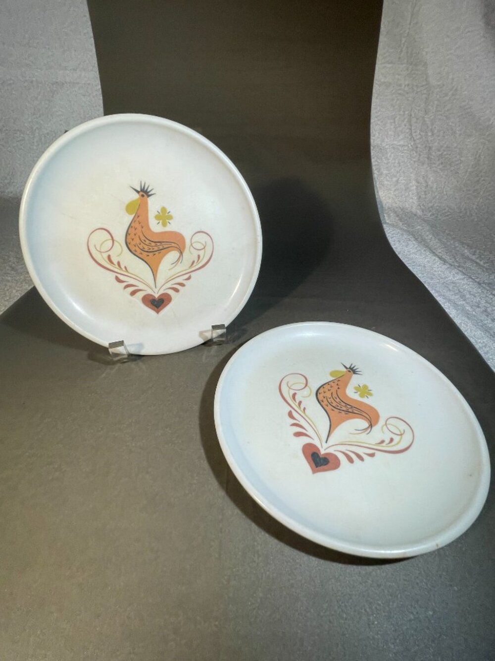 2 White Melmac HARMONY House Avalon Rooster Print 5.75" Vintage Plates (#730)